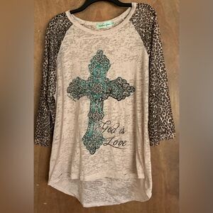 Southern Grace Leopard & Turquoise Cross “God is Love” Raglan Shirt 2XL Not Worn